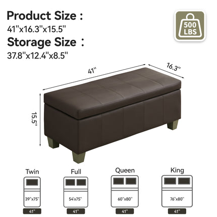 41" 51'' Faux Leather Storage Ottoman, Stitch Tufted Rectangle Upholstered End of Bed Storage Bench, Entryway Large Couch Ottoman with Wooden Legs