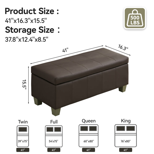 41" 51'' Faux Leather Storage Ottoman, Stitch Tufted Rectangle Upholstered End of Bed Storage Bench, Entryway Large Couch Ottoman with Wooden Legs