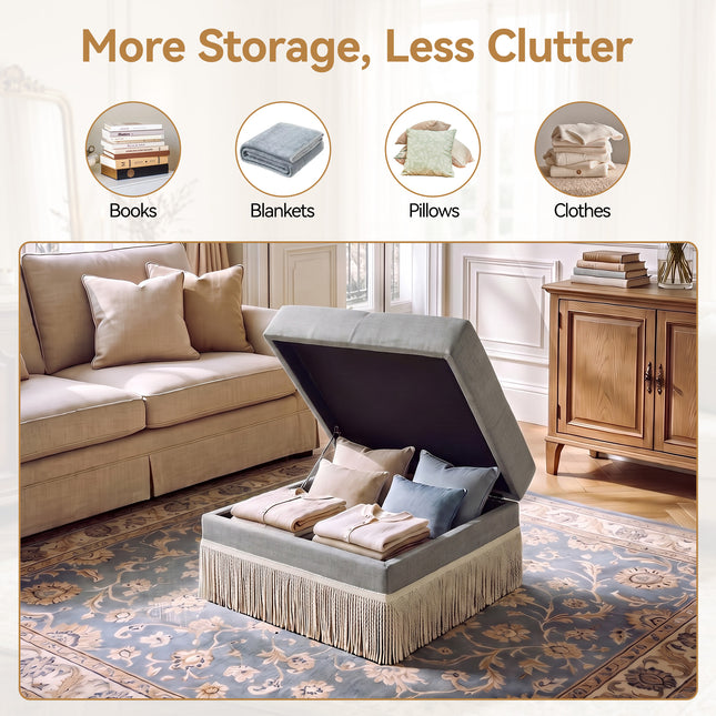 Upholstered Ottoman with Fringe Trim, Tufted Cushion, Wooden Legs and Safety Support Hinge