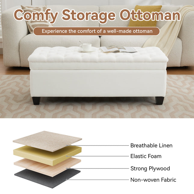 51" Fabric Storage Ottoman Bench, Upholstered Rectangle End of Bed Storage Ottoman Tufted Living Room Bedroom Bench with Safety Hinge, Solid Wood Legs, Loads 500 lb