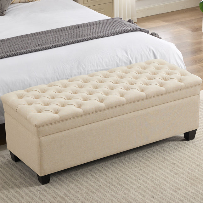 51" Fabric Storage Ottoman Bench, Upholstered Rectangle End of Bed Storage Ottoman Tufted Living Room Bedroom Bench with Safety Hinge, Solid Wood Legs, Loads 500 lb