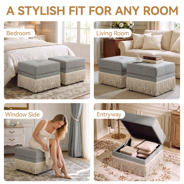 Upholstered Ottoman with Fringe Trim, Tufted Cushion, Wooden Legs and Safety Support Hinge