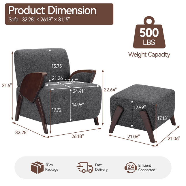 Upholstered Accent Chair with Matching Ottoman, Comfy Lounge Chair and Footrest Set for Living Room and Bedroom