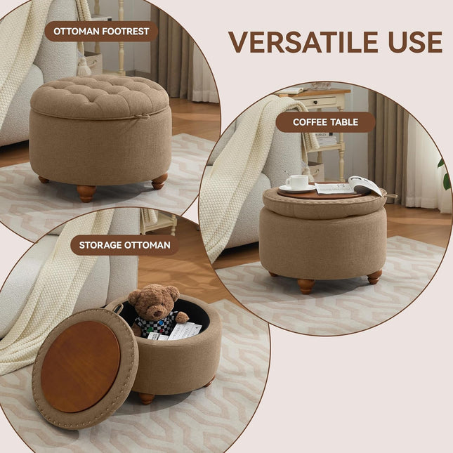 24" 30''Round Storage Ottoman with Tray, Modern Tufted Fabric Circle Coffee Table with Storage, Upholstered Ottoman with Removable Top for Living Room, Bedroom