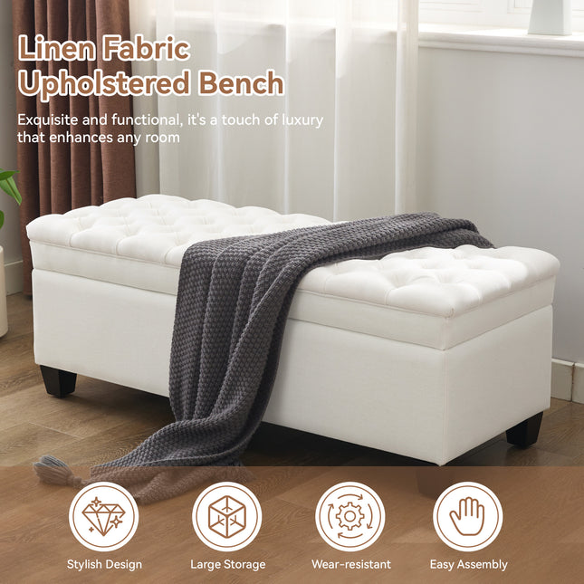 51" Fabric Storage Ottoman Bench, Upholstered Rectangle End of Bed Storage Ottoman Tufted Living Room Bedroom Bench with Safety Hinge, Solid Wood Legs, Loads 500 lb