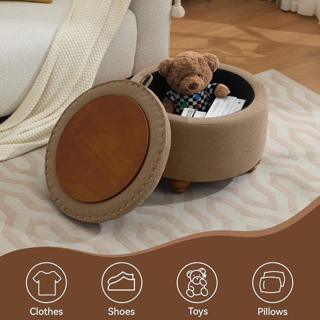 24" 30''Round Storage Ottoman with Tray, Modern Tufted Fabric Circle Coffee Table with Storage, Upholstered Ottoman with Removable Top for Living Room, Bedroom