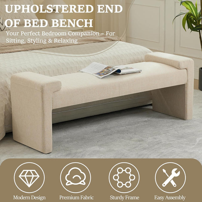 58.7" Linen End of Bed Bench Upholstered Modern Bedroom Bench for Living Room & Entryway, Easy Assembly, Footrest Ottoman Accent Window Bench with Solid Wood Frame & Curved Arm, Tan