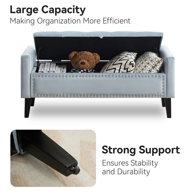 47" Velvet Storage Bench, Upholstered Bed Bench with Storage, End of Bed Ottoman with Wooden Legs,Bedside Storage Bench for Bedroom, Living Room, or Entryway