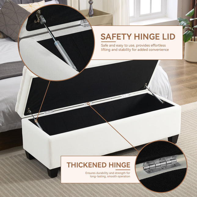 51" Fabric Storage Ottoman Bench, Upholstered Rectangle End of Bed Storage Ottoman Tufted Living Room Bedroom Bench with Safety Hinge, Solid Wood Legs, Loads 500 lb