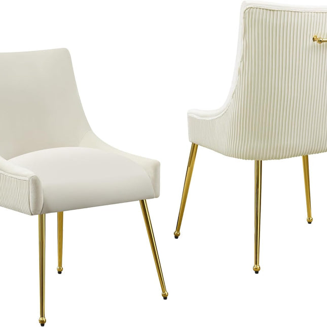 Velvet Dining Chairs Set of 2 Gold Legs,Upholstered Velvet Accent Chairs, Pleated Back Design & Gold Pull Handle, Mid Century Modern Chairs for Dining/Kitchen/Living Room