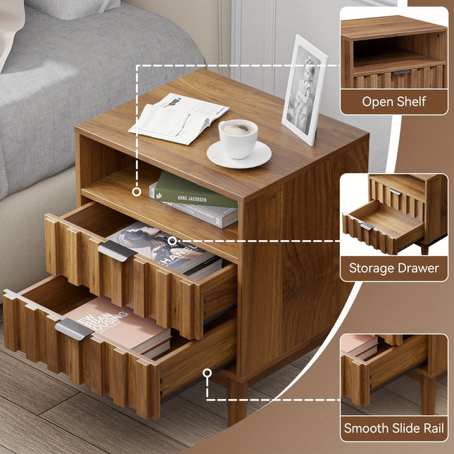 Fluted Nightstand, Night Stand With Solid Wood Legs, Bedside Table With 2 Storage Drawers And Open Wood Shelf, Modern End Side Table For Bedroom, Living Room, Walnut