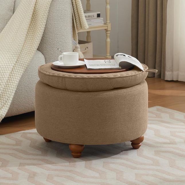 24" 30''Round Storage Ottoman with Tray, Modern Tufted Fabric Circle Coffee Table with Storage, Upholstered Ottoman with Removable Top for Living Room, Bedroom