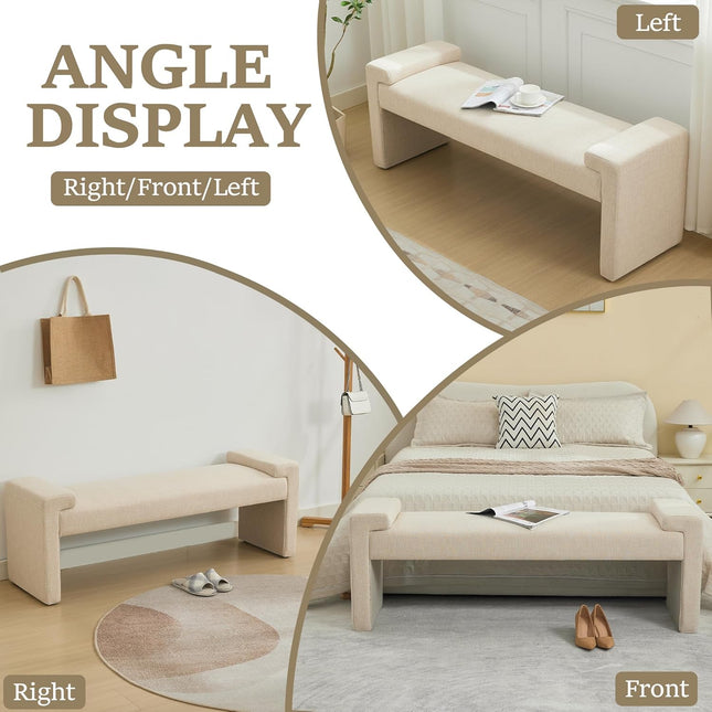 58.7" Linen End of Bed Bench Upholstered Modern Bedroom Bench for Living Room & Entryway, Easy Assembly, Footrest Ottoman Accent Window Bench with Solid Wood Frame & Curved Arm, Tan