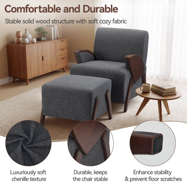 Upholstered Accent Chair with Matching Ottoman, Comfy Lounge Chair and Footrest Set for Living Room and Bedroom