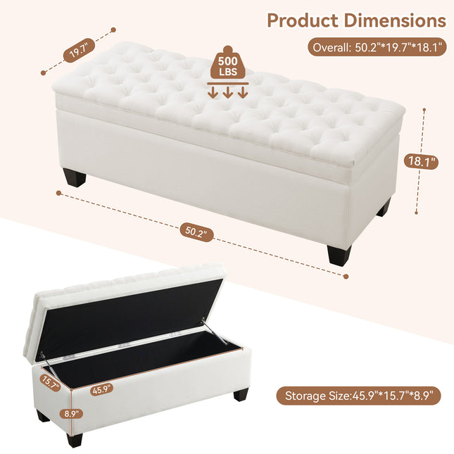 51" Fabric Storage Ottoman Bench, Upholstered Rectangle End of Bed Storage Ottoman Tufted Living Room Bedroom Bench with Safety Hinge, Solid Wood Legs, Loads 500 lb