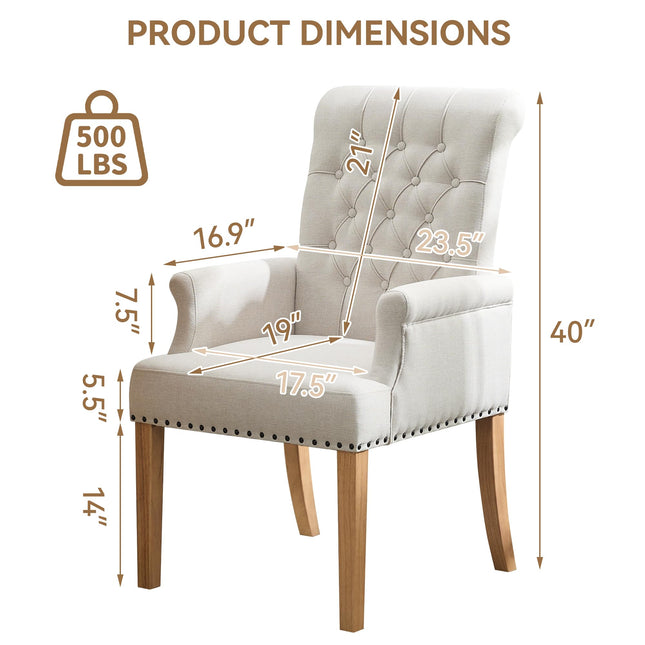 WUTUTUEE Fabric Dining Chair with Arms, Upholstered Tufted High Back Dining Room Chairs, Accent Armchair with Solid Wood Leg and Nailhead Trim, Kitchen Dining Living Room