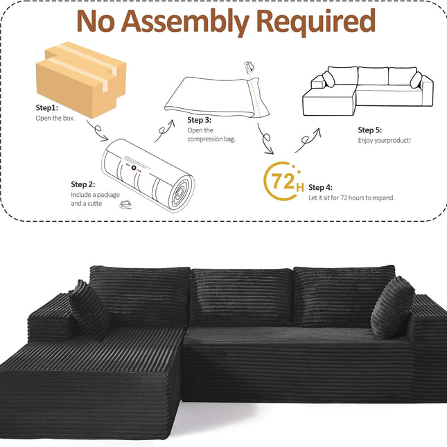 110" Boneless Sectional Couch with Chaise Lounge, Cloud Couch Compressed Sofa L Shape, No Assembly Memory Foam Sofa for Living Room