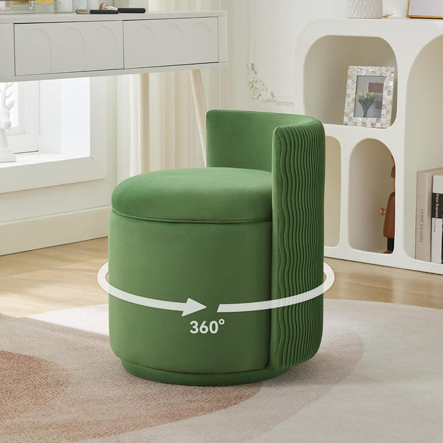 Velvet Vanity Chair with Storage, 360° Swivel Makeup Chair with Wave Back, No Assembly Small Accent Stool for Bedroom, Dressing, Living Room