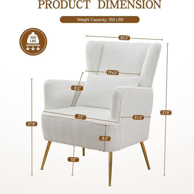 Fabric Accent Living Room Arm Chair Set of 2 Mid Century Modern Chairs with Pillow & Golden Legs, 8.5" Thick Cushion, Upholstered Comfy Sofa Armchair for Reading Room/Bedroom