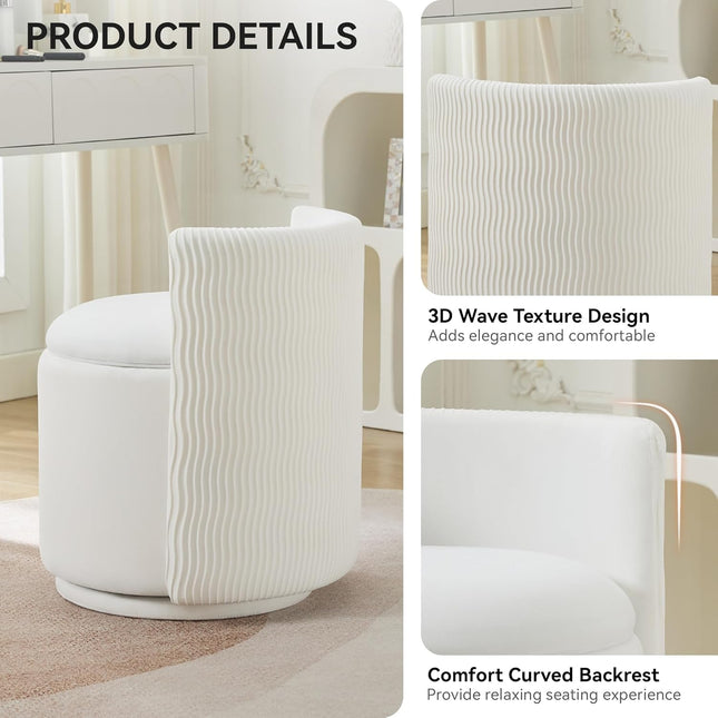 Velvet Vanity Chair with Storage, 360° Swivel Makeup Chair with Wave Back, No Assembly Small Accent Stool for Bedroom, Dressing, Living Room