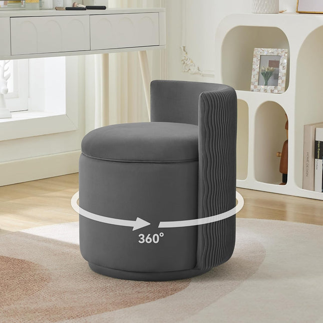 Velvet Vanity Chair with Storage, 360° Swivel Makeup Chair with Wave Back, No Assembly Small Accent Stool for Bedroom, Dressing, Living Room
