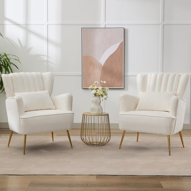 Fabric Accent Living Room Arm Chair Set of 2 Mid Century Modern Chairs with Pillow & Golden Legs, 8.5" Thick Cushion, Upholstered Comfy Sofa Armchair for Reading Room/Bedroom