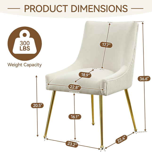 Velvet Dining Chairs Set of 2 Gold Legs,Upholstered Velvet Accent Chairs, Pleated Back Design & Gold Pull Handle, Mid Century Modern Chairs for Dining/Kitchen/Living Room