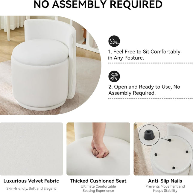 Velvet Vanity Chair with Storage, 360° Swivel Makeup Chair with Wave Back, No Assembly Small Accent Stool for Bedroom, Dressing, Living Room