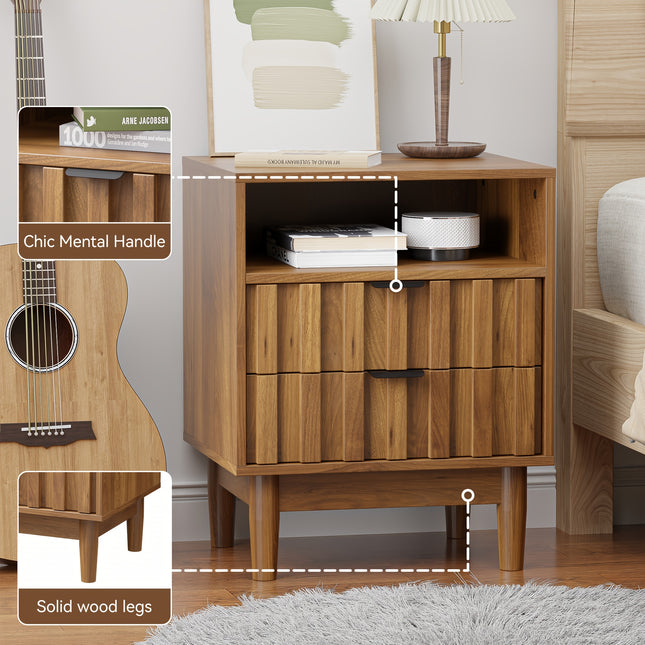 Fluted Nightstand, Night Stand With Solid Wood Legs, Bedside Table With 2 Storage Drawers And Open Wood Shelf, Modern End Side Table For Bedroom, Living Room, Walnut