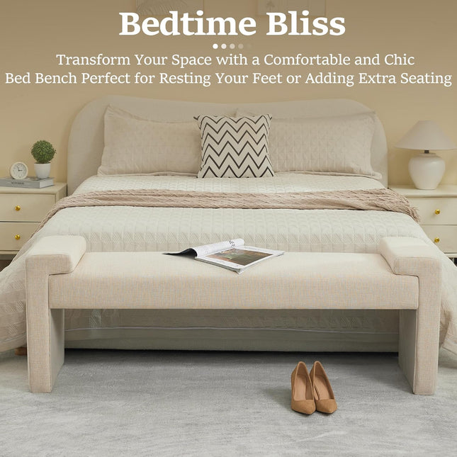 58.7" Linen End of Bed Bench Upholstered Modern Bedroom Bench for Living Room & Entryway, Easy Assembly, Footrest Ottoman Accent Window Bench with Solid Wood Frame & Curved Arm, Tan