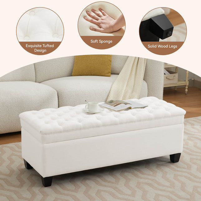 51" Fabric Storage Ottoman Bench, Upholstered Rectangle End of Bed Storage Ottoman Tufted Living Room Bedroom Bench with Safety Hinge, Solid Wood Legs, Loads 500 lb