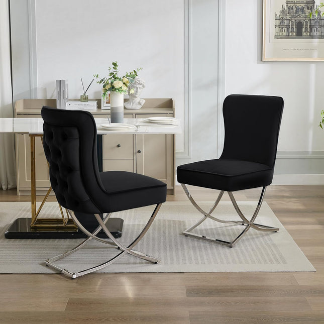 Luxury Velvet Dining Chairs, Tufted Upholstered Armless Accent Chairs with Silver Metal X-Legs, Modern Glam Dining Room Chair