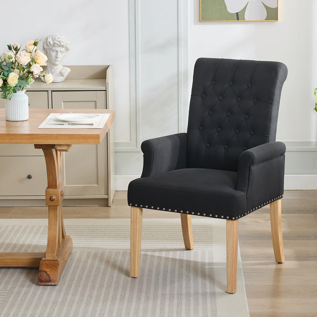 WUTUTUEE Fabric Dining Chair with Arms, Upholstered Tufted High Back Dining Room Chairs, Accent Armchair with Solid Wood Leg and Nailhead Trim, Kitchen Dining Living Room