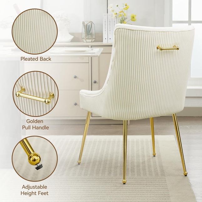 Velvet Dining Chairs Set of 2 Gold Legs,Upholstered Velvet Accent Chairs, Pleated Back Design & Gold Pull Handle, Mid Century Modern Chairs for Dining/Kitchen/Living Room