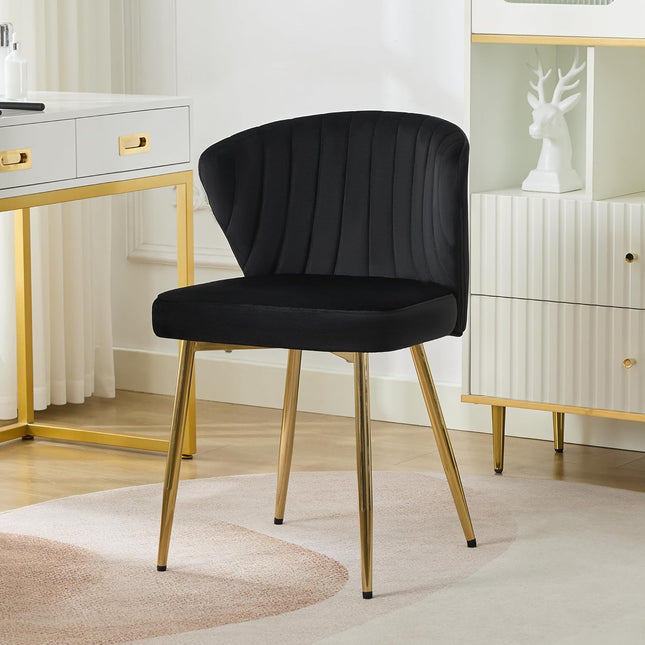 Velvet Dining Chairs, Mid Century Modern Vanity Chair with Back Golden Legs, Small Upholstered Line Tufted Dining Room Chairs, Cute Accent Vanity Chair for Bedroom, Living Room, Office