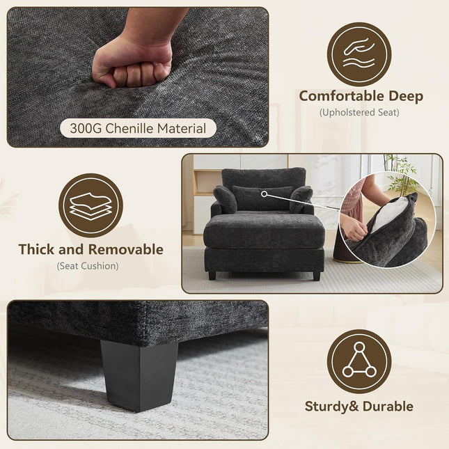 57.5" Oversized Chaise Lounge with Ottoman Indoor, Grey Reading Chair with Ottoman & Sofa Bed, Chenille Upholstered Comfy Sleeper Chair for Living Room, Bedroom, Office