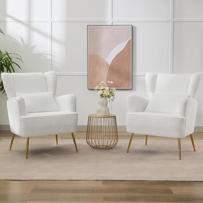 Fabric Accent Living Room Arm Chair Set of 2 Mid Century Modern Chairs with Pillow & Golden Legs, 8.5" Thick Cushion, Upholstered Comfy Sofa Armchair for Reading Room/Bedroom