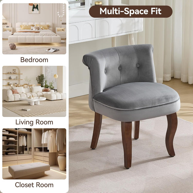 Velvet Vanity Chair with Back, Tufted Upholstered Vanity Stool with Solid Wood Legs, Mid Century Small Makeup Chair for Vanity, Accent Chair for Bedroom, Living Room