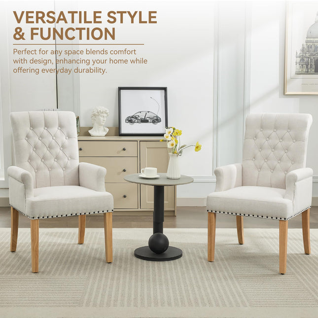 WUTUTUEE Fabric Dining Chair with Arms, Upholstered Tufted High Back Dining Room Chairs, Accent Armchair with Solid Wood Leg and Nailhead Trim, Kitchen Dining Living Room