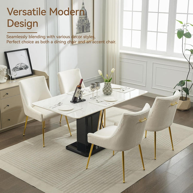 Velvet Dining Chairs Set of 2 Gold Legs,Upholstered Velvet Accent Chairs, Pleated Back Design & Gold Pull Handle, Mid Century Modern Chairs for Dining/Kitchen/Living Room