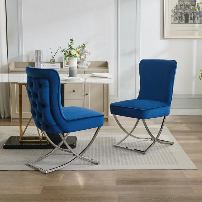 Luxury Velvet Dining Chairs, Tufted Upholstered Armless Accent Chairs with Silver Metal X-Legs, Modern Glam Dining Room Chair