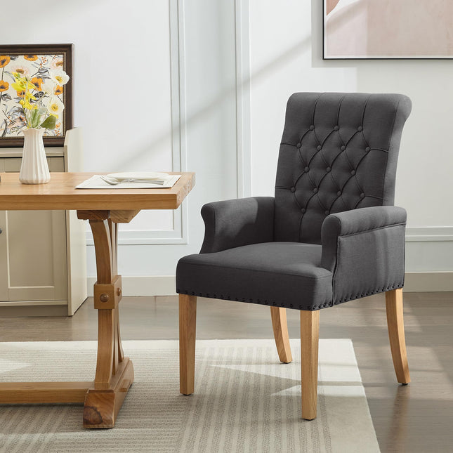 WUTUTUEE Fabric Dining Chair with Arms, Upholstered Tufted High Back Dining Room Chairs, Accent Armchair with Solid Wood Leg and Nailhead Trim, Kitchen Dining Living Room