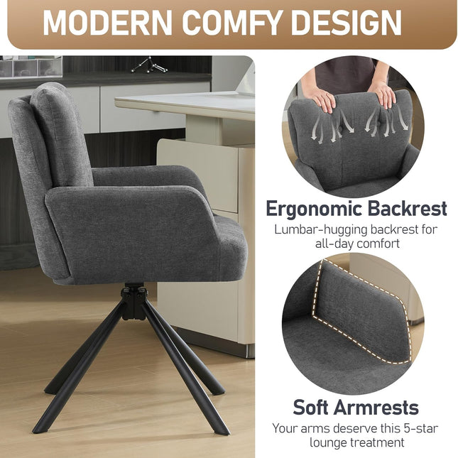 Fabric Dining Chair Modern Upholstered Swivel Dining Room Chairs Comfy Accent Armchair with Mid Back, Desk Arm Chair No Wheels for Kitchen/Living Room/Home Office