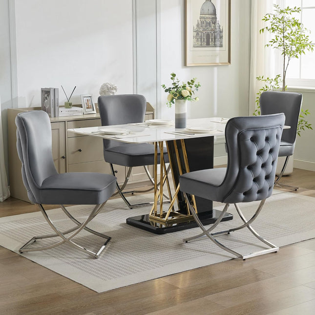 Luxury Velvet Dining Chairs, Tufted Upholstered Armless Accent Chairs with Silver Metal X-Legs, Modern Glam Dining Room Chair