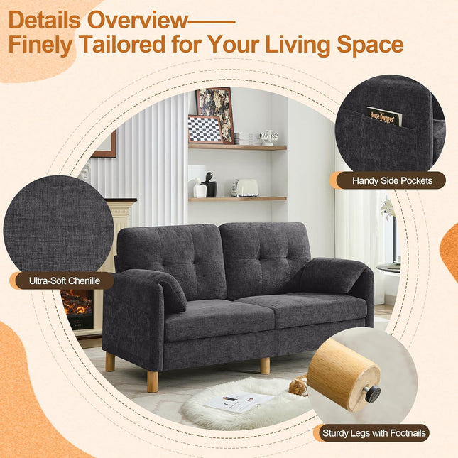 65" Chenille Loveseat Sofa, Modern 2-Seater Love Seat Couch with Armrest Pillows, Storage Pockets, Easy Assembly, Upholstered Tufted Loveseat Couches for Living Room Bedroom