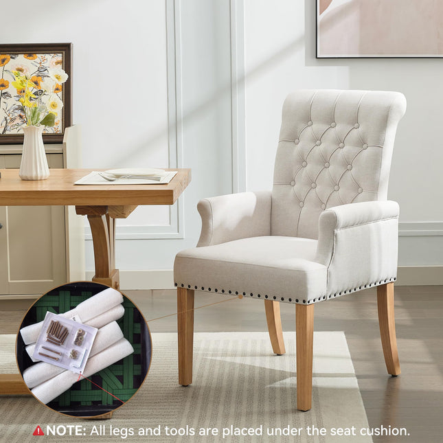 WUTUTUEE Fabric Dining Chair with Arms, Upholstered Tufted High Back Dining Room Chairs, Accent Armchair with Solid Wood Leg and Nailhead Trim, Kitchen Dining Living Room
