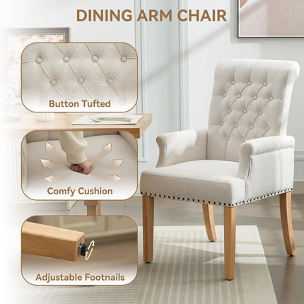 WUTUTUEE Fabric Dining Chair with Arms, Upholstered Tufted High Back Dining Room Chairs, Accent Armchair with Solid Wood Leg and Nailhead Trim, Kitchen Dining Living Room