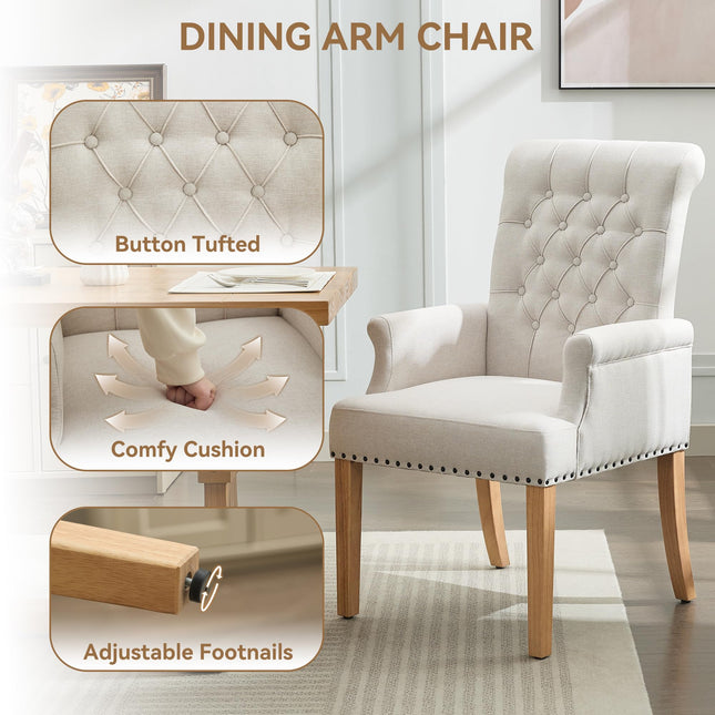 WUTUTUEE Fabric Dining Chair with Arms, Upholstered Tufted High Back Dining Room Chairs, Accent Armchair with Solid Wood Leg and Nailhead Trim, Kitchen Dining Living Room