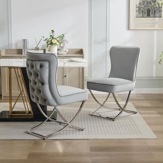 Luxury Velvet Dining Chairs, Tufted Upholstered Armless Accent Chairs with Silver Metal X-Legs, Modern Glam Dining Room Chair
