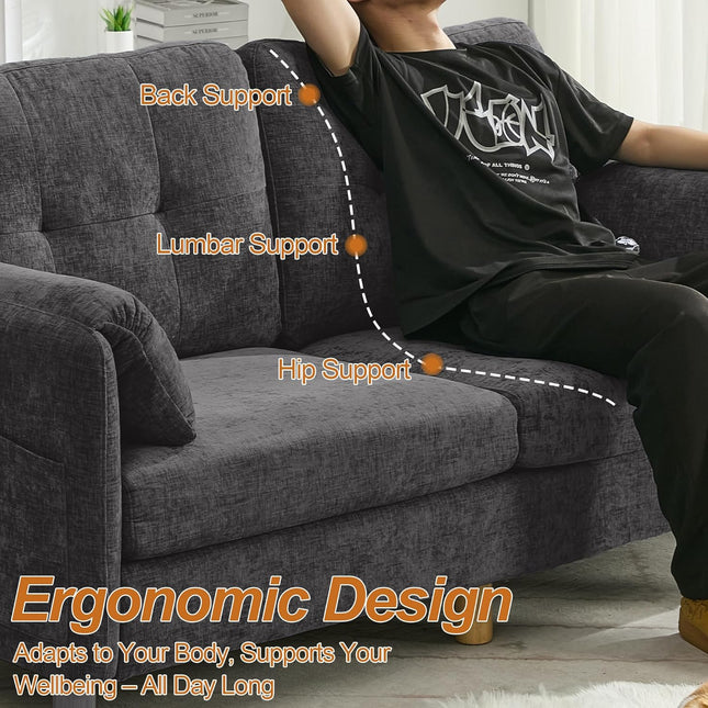 65" Chenille Loveseat Sofa, Modern 2-Seater Love Seat Couch with Armrest Pillows, Storage Pockets, Easy Assembly, Upholstered Tufted Loveseat Couches for Living Room Bedroom